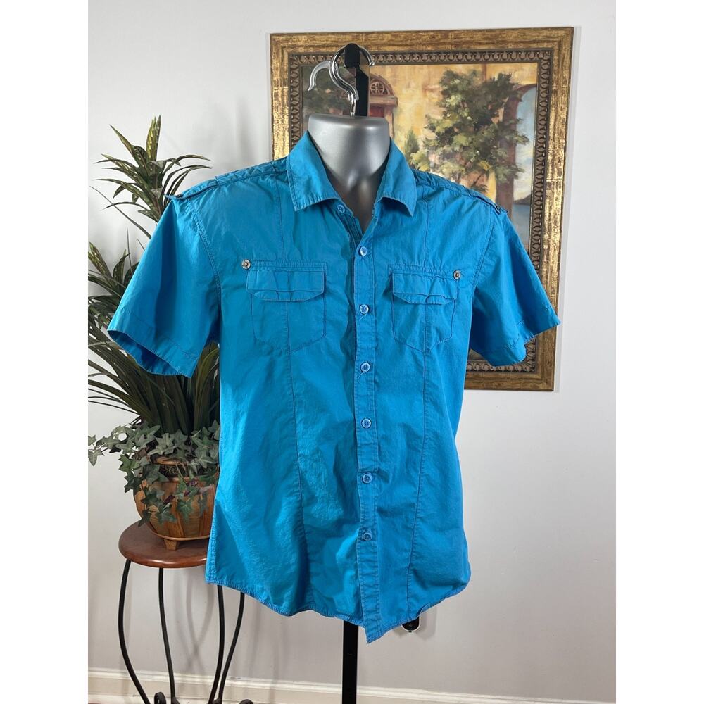 Xios‎ Shirt Mens Medium Turquoise Solid Short Sleeve Button Up Utility Gorpcore